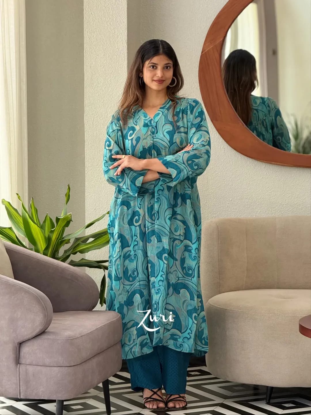 Full-length view of Ocean Teal Softy Premium Chiffon Silk abstract print Anarkali gown with matching pant set