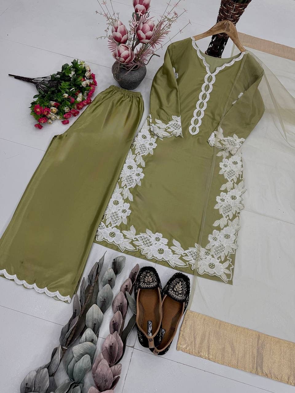 Olive Green Natural Silk Palazzo Suit Set Flat Lay View
