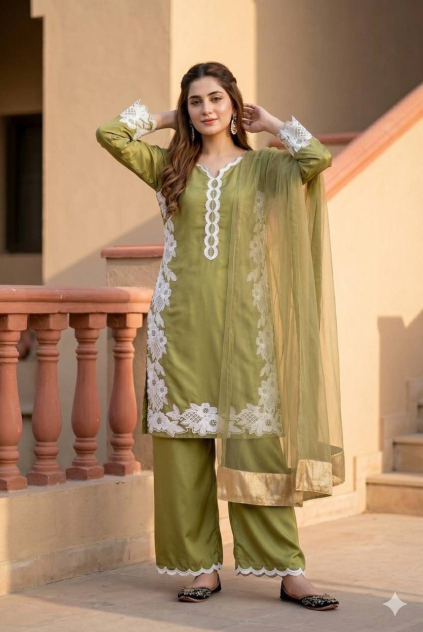 Olive Green Embroidered Natural Silk Palazzo Suit Set Front View