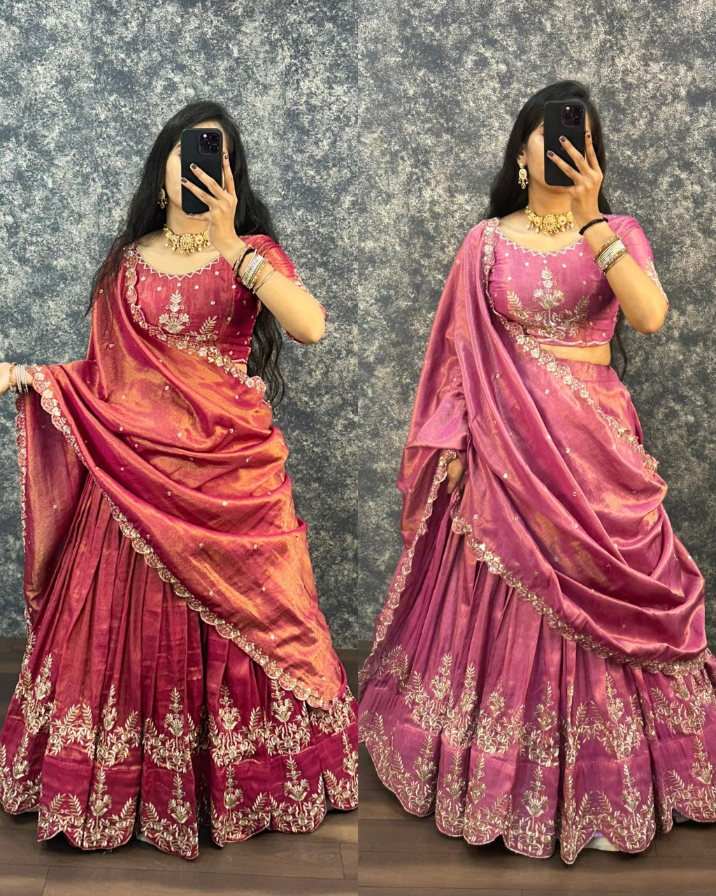 Comparison of Orchid Pink and Rani Rose Pink tissue cotton lehenga choli color variants