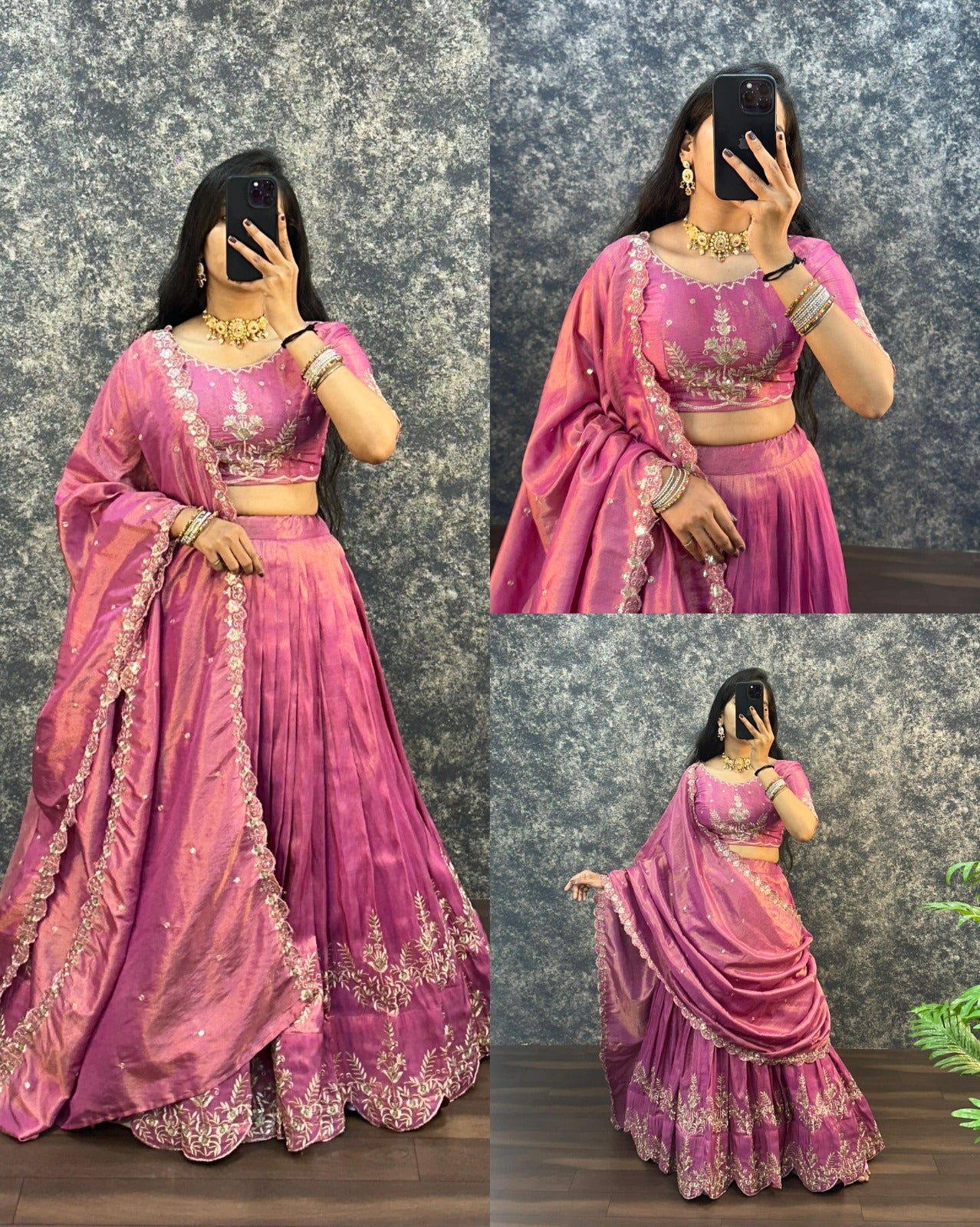 Orchid Pink tissue cotton lehenga choli collage showing front view blouse detail and drape styling