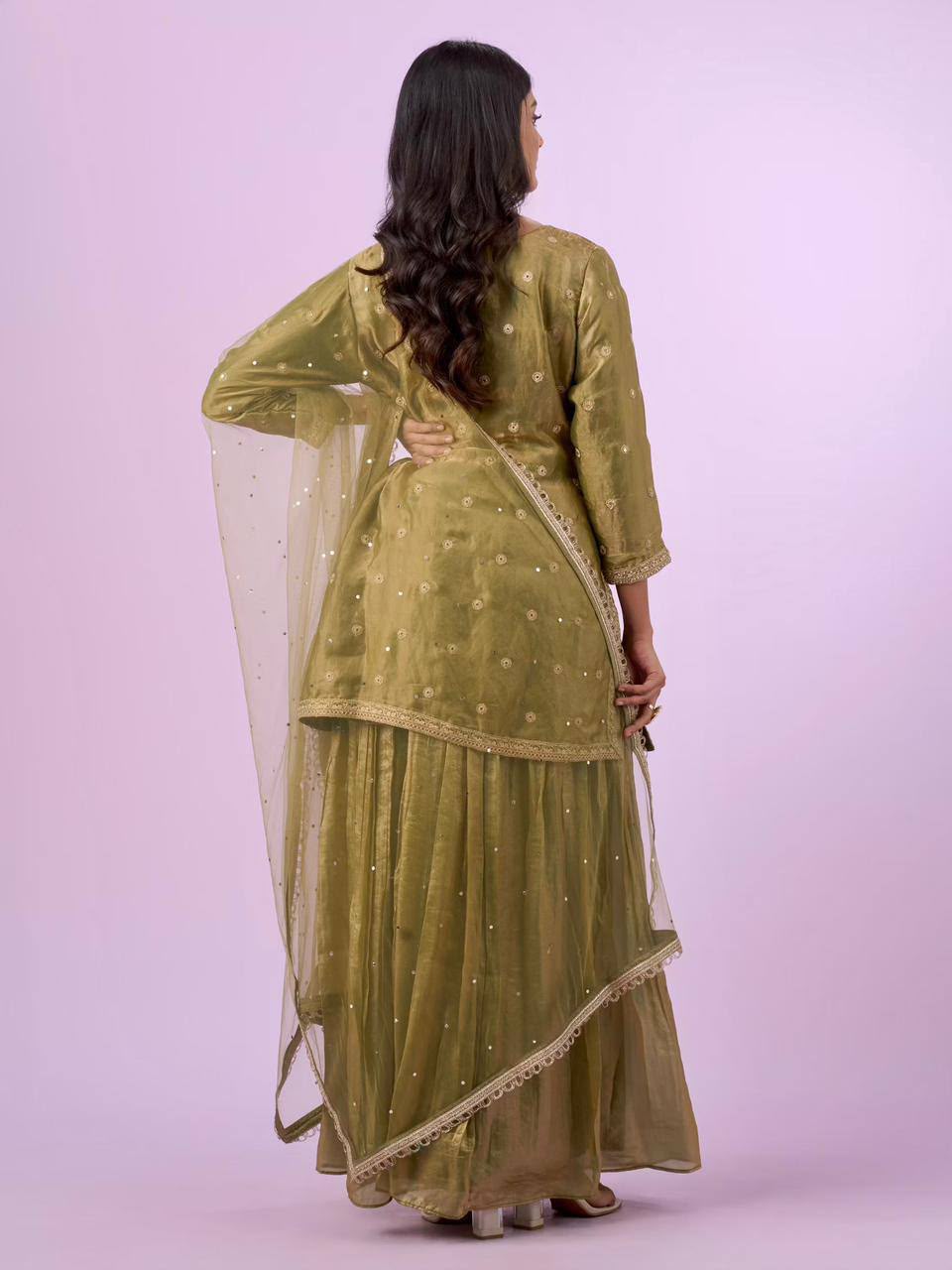 Women's Pistachio Green Designer Fandy Silk embroidered palazzo suit back view with dupatta