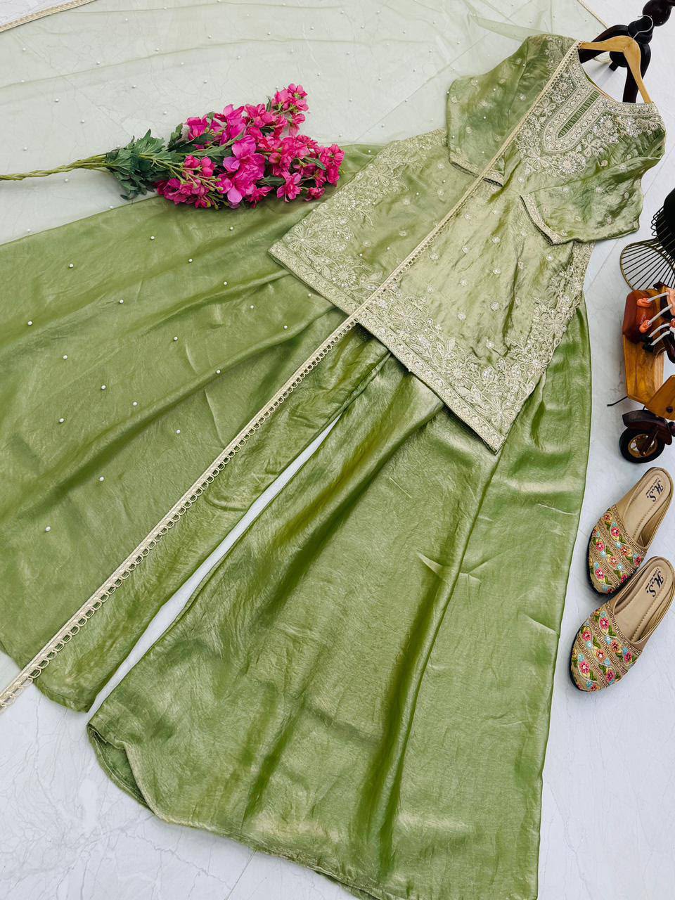 Pistachio Green Designer Fandy Silk embroidered palazzo suit set flat lay with soft net dupatta