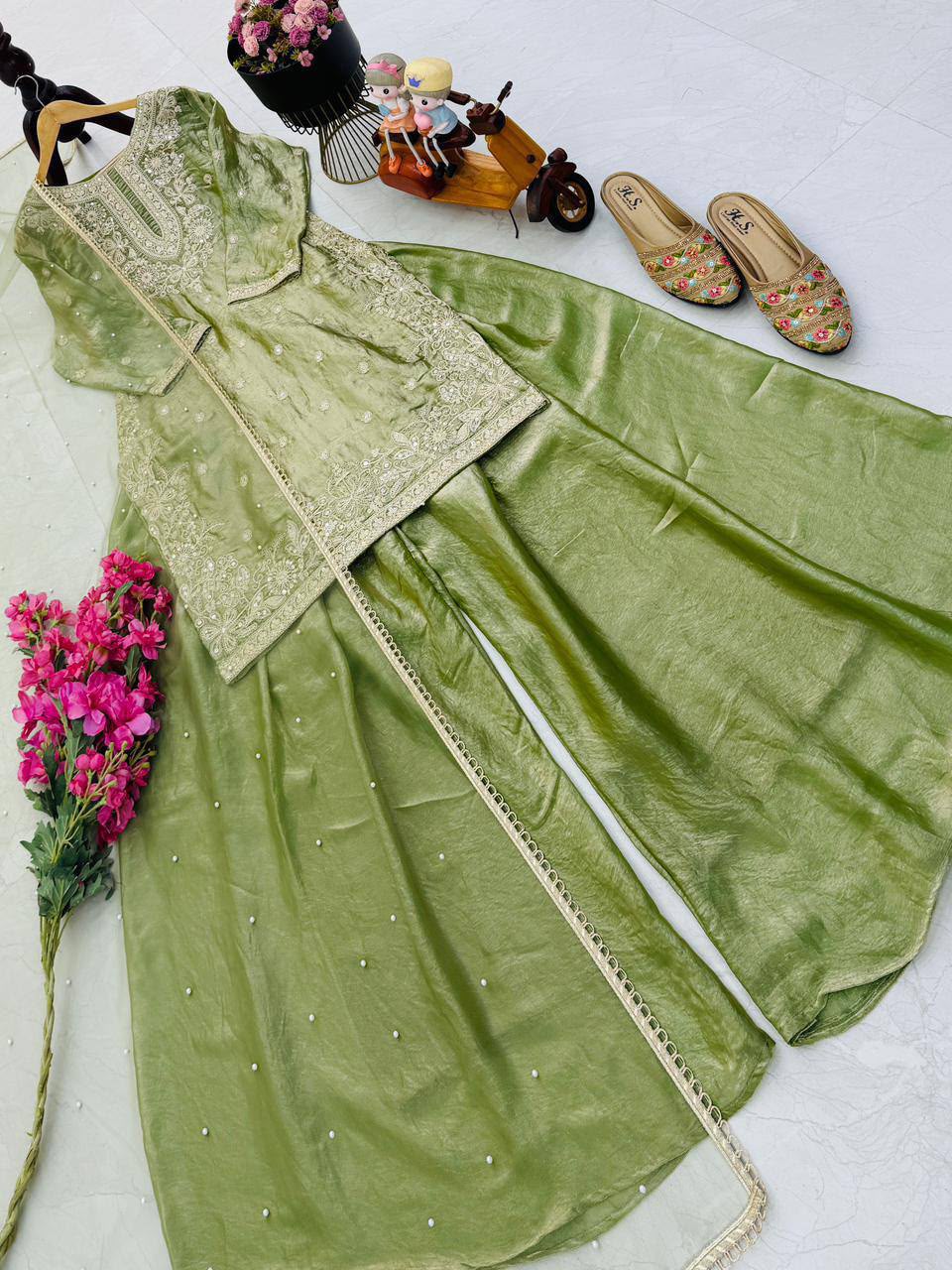 Pistachio Green Designer Fandy Silk embroidered palazzo suit complete flat lay view