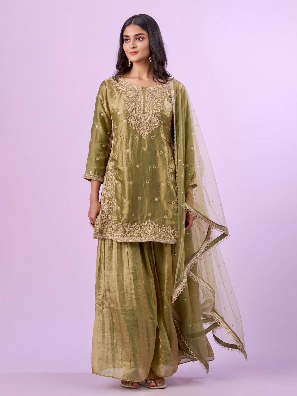 Women's Pistachio Green Designer Fandy Silk embroidered palazzo suit set with soft net dupatta front view