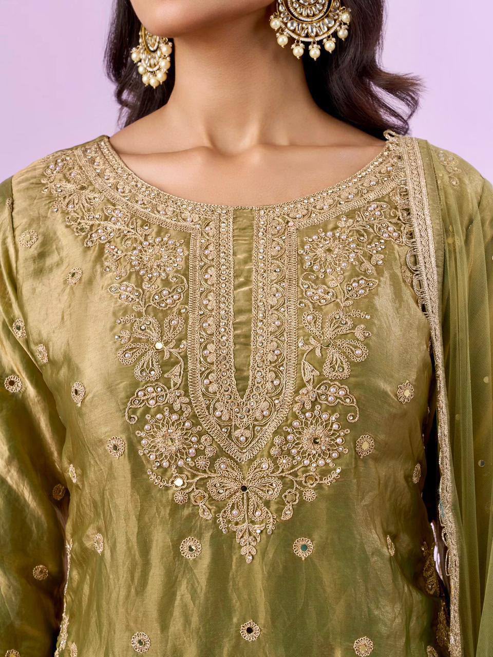 Close-up of Pistachio Green Fandy Silk embroidered neckline featuring sequence and diamond handwork