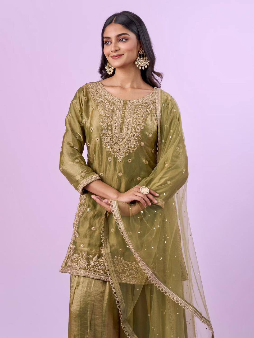 Women's Pistachio Green Designer Fandy Silk embroidered palazzo suit elegant front portrait