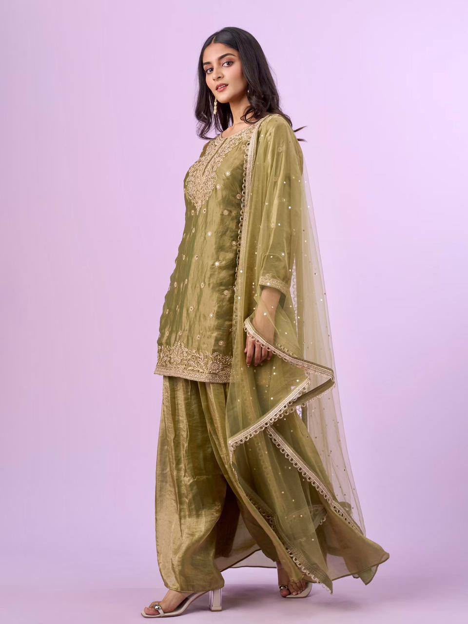 Women's Pistachio Green Designer Fandy Silk embroidered palazzo suit side angle with soft net dupatta
