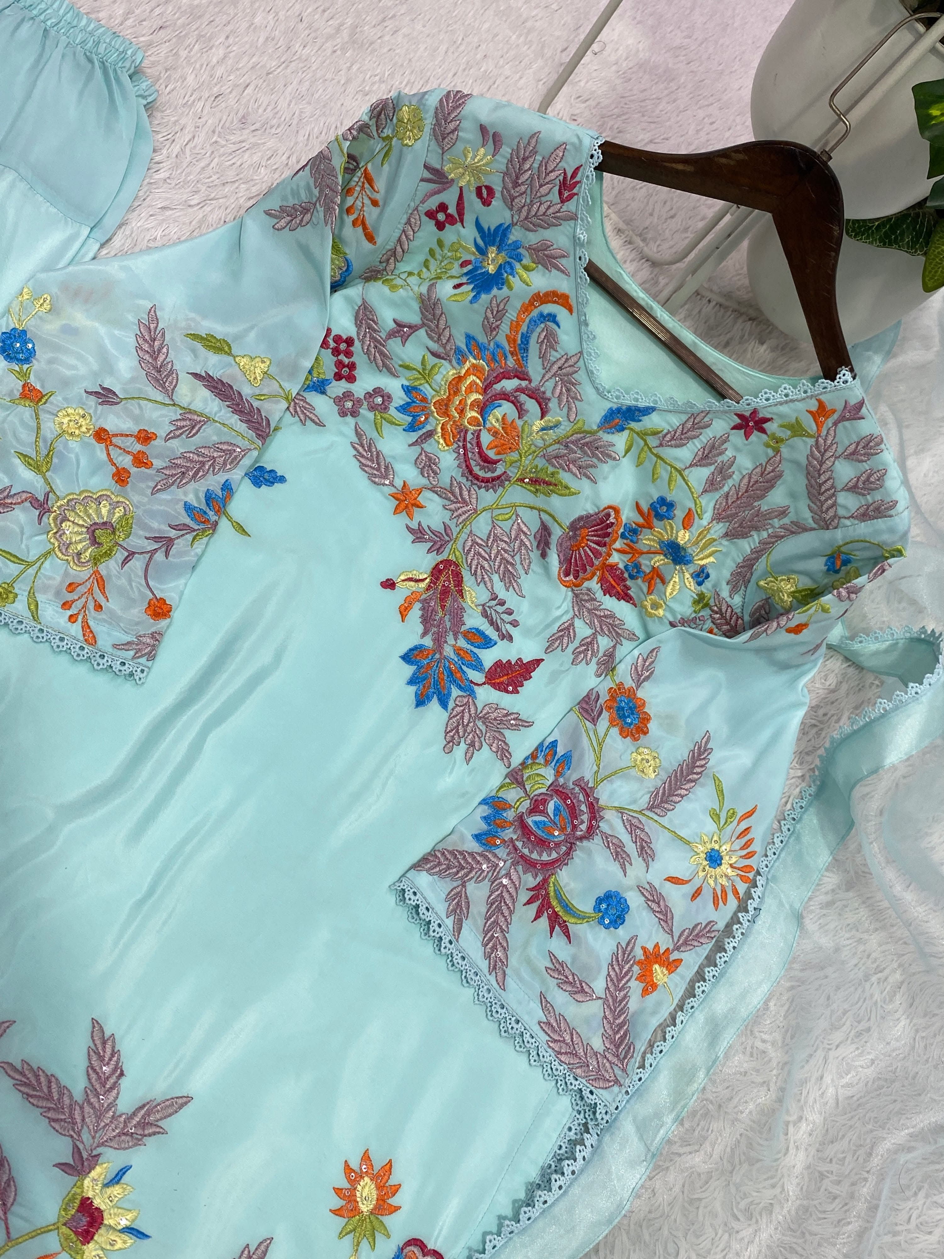 Powder Blue floral embroidery detail on crape silk suit set
