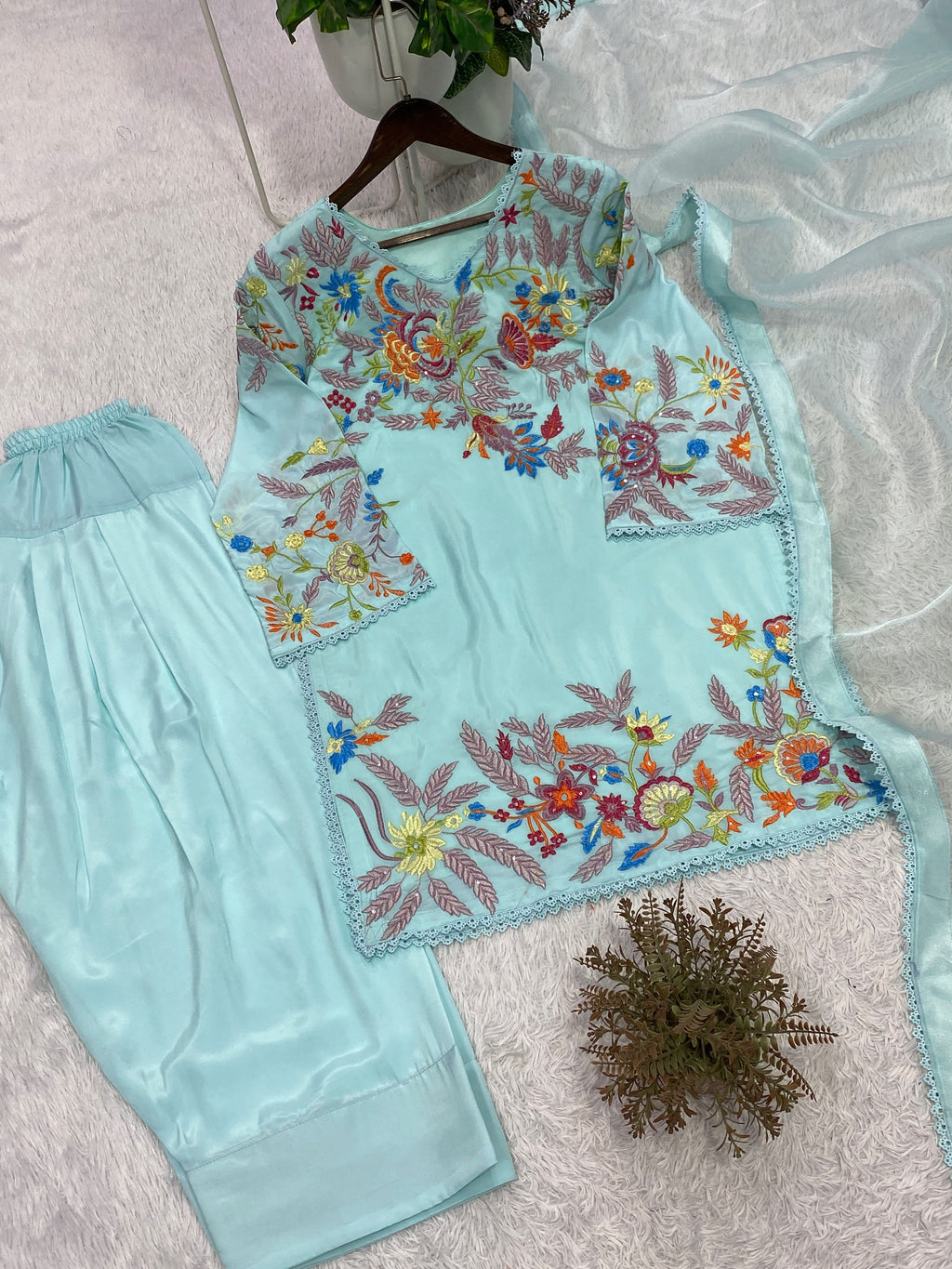 Powder Blue floral embroidered farsi salwar suit with matching salwar and dupatta