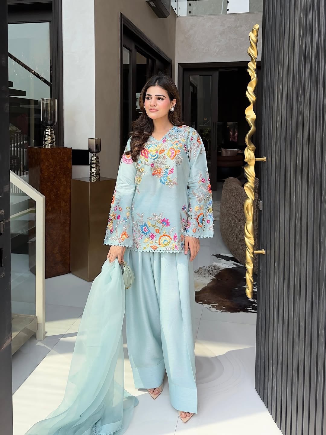 Blue floral embroidered farsi salwar suit set with organza dupatta front view