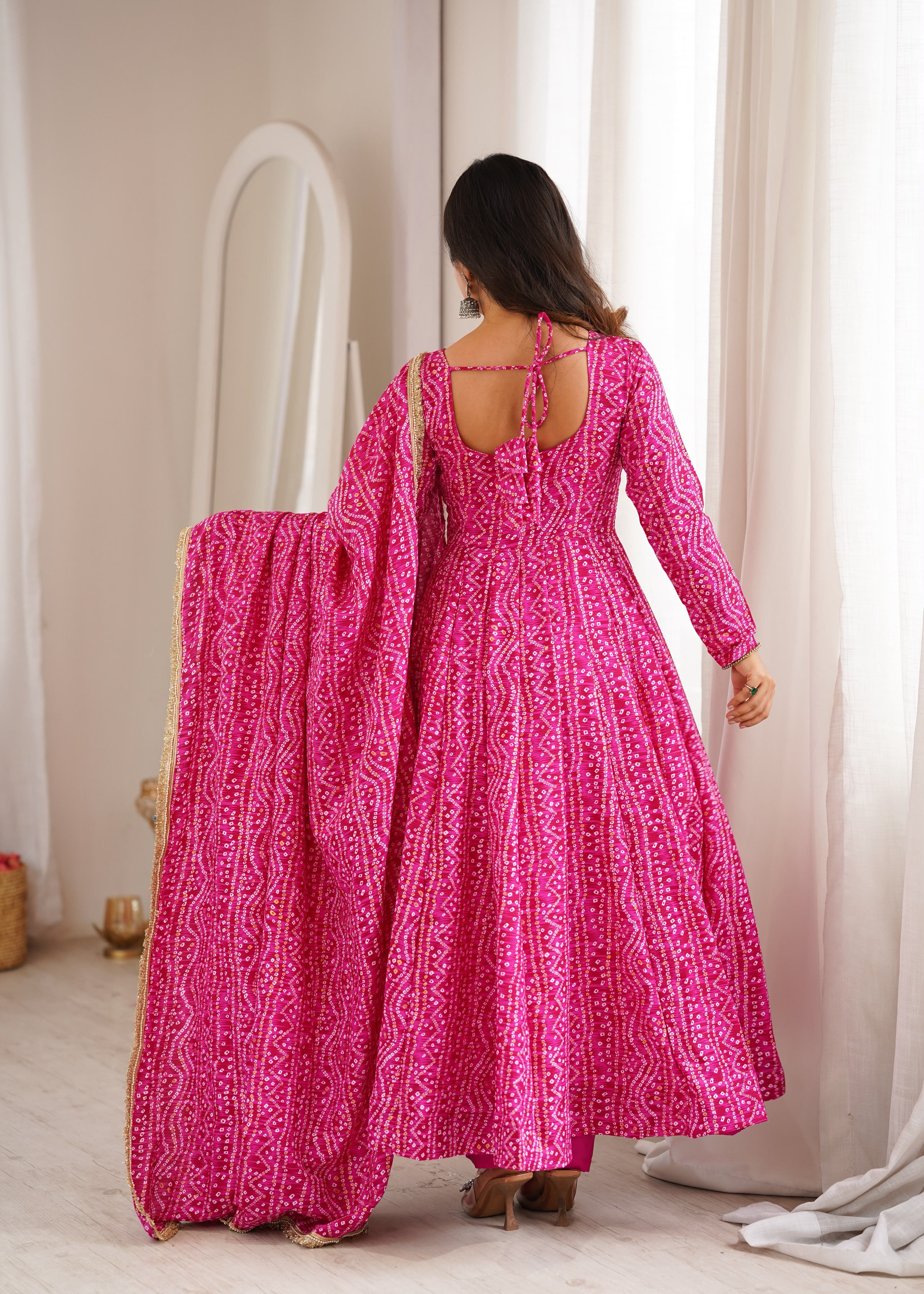 Back view of Rani Pink mirror embroidery gown with dupatta