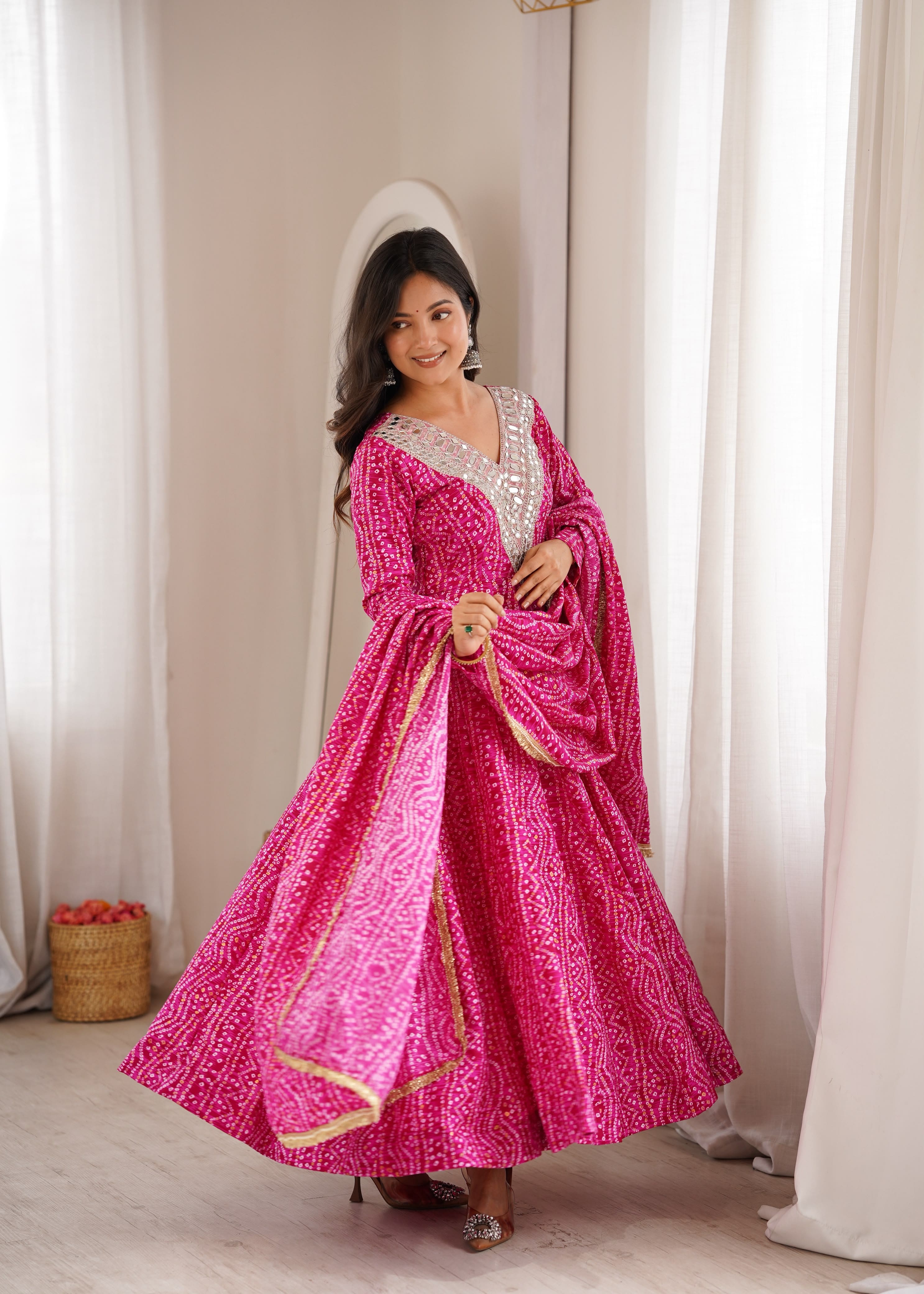 Full length Rani Pink mirror embroidery gown with dupatta