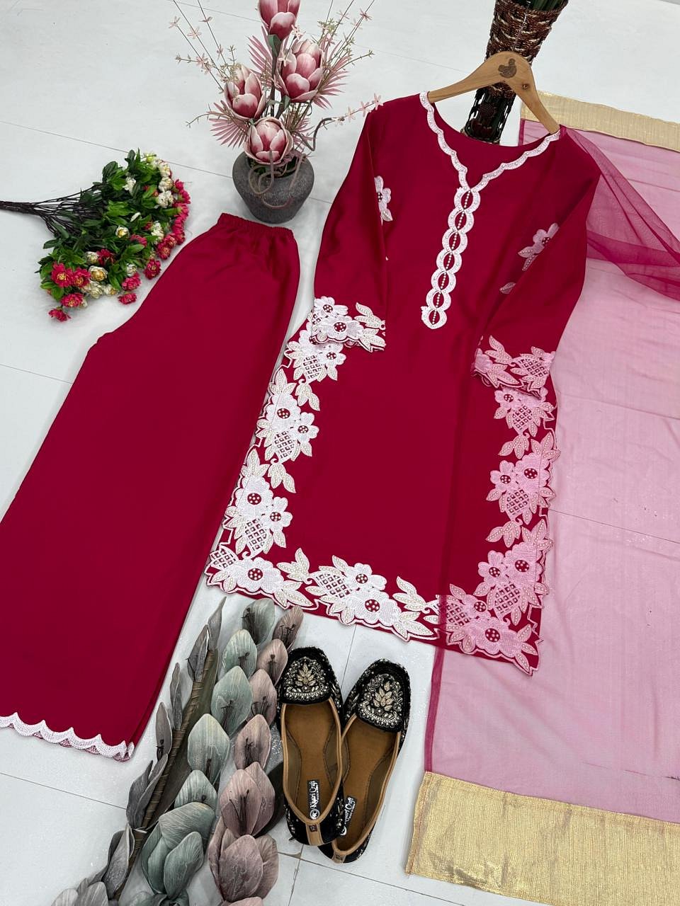 Rani Pink Embroidered Silk Palazzo Suit Set Product Display