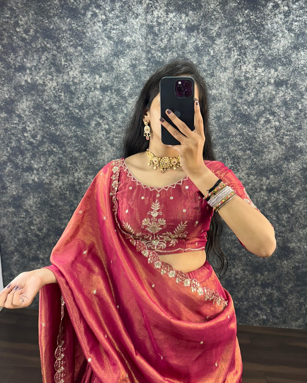 Close up of Rani Rose Pink tissue cotton blouse featuring zari embroidery work