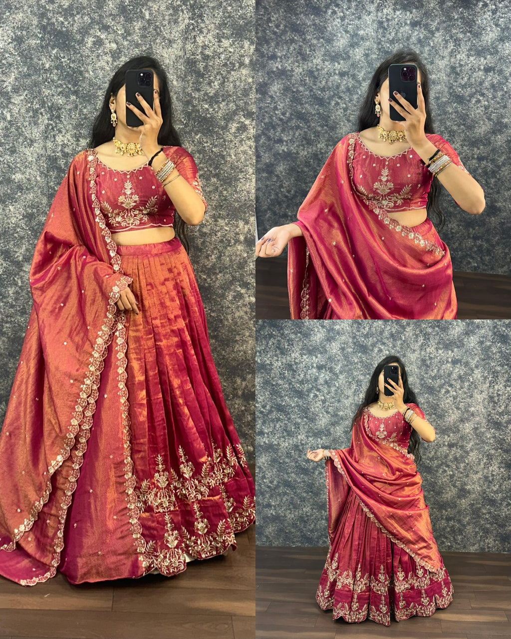 Rani Rose Pink tissue cotton lehenga choli collage showing front view blouse detail and dupatta styling