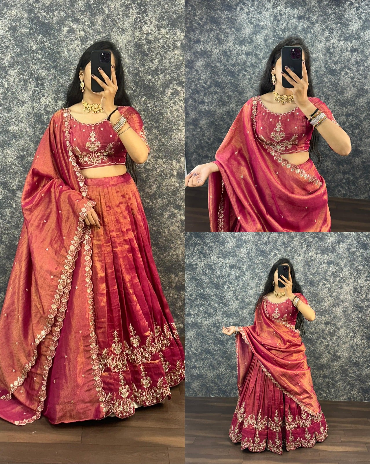 Rani Rose Pink tissue cotton lehenga choli collage showing front view blouse detail and dupatta styling