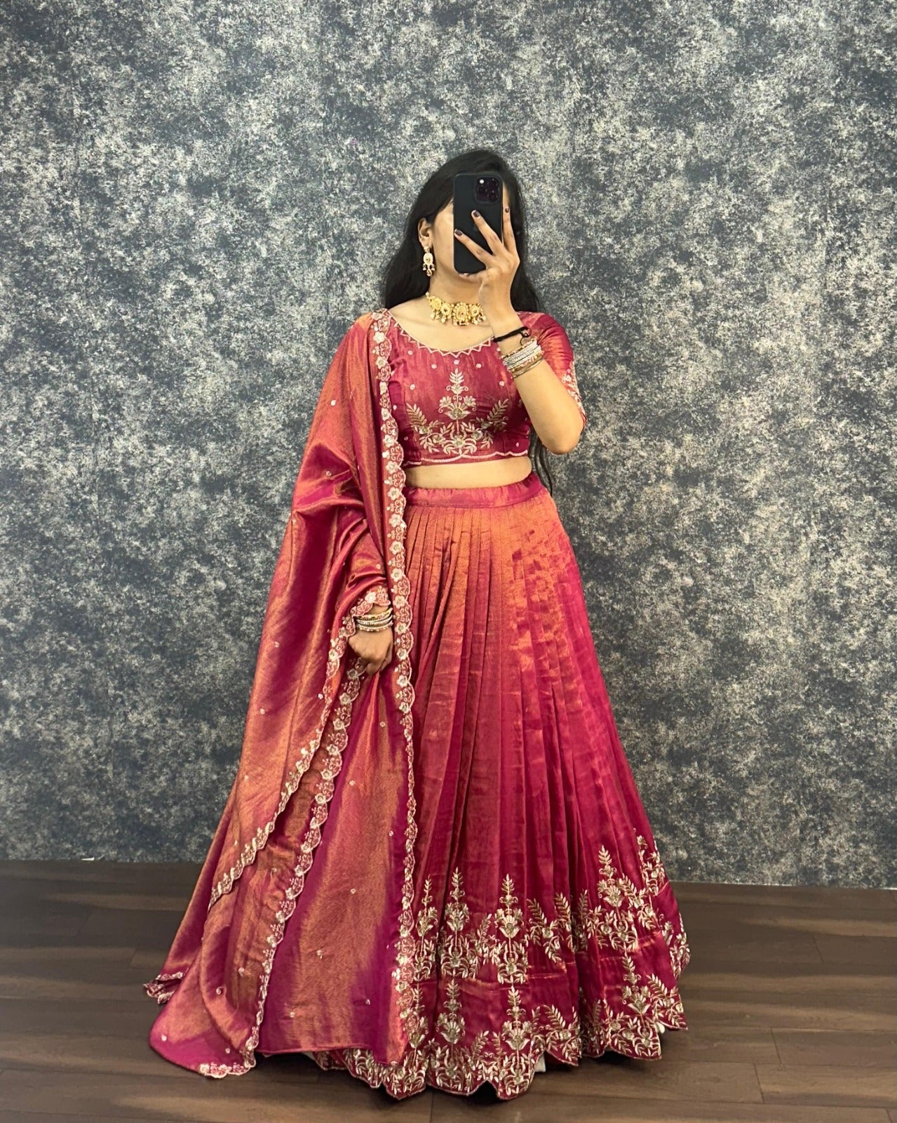 Full length view of Rani Rose Pink tissue cotton lehenga choli with zari embroidery work