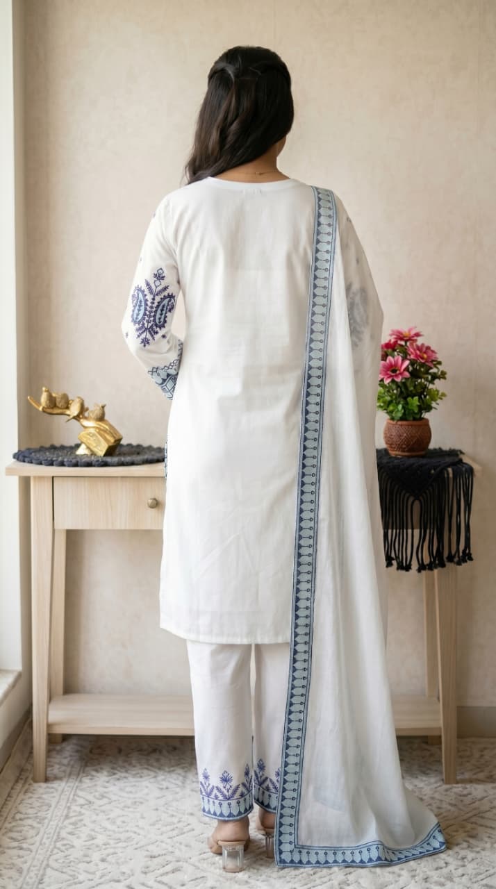 Back view of ivory white rayon embroidered kurti set