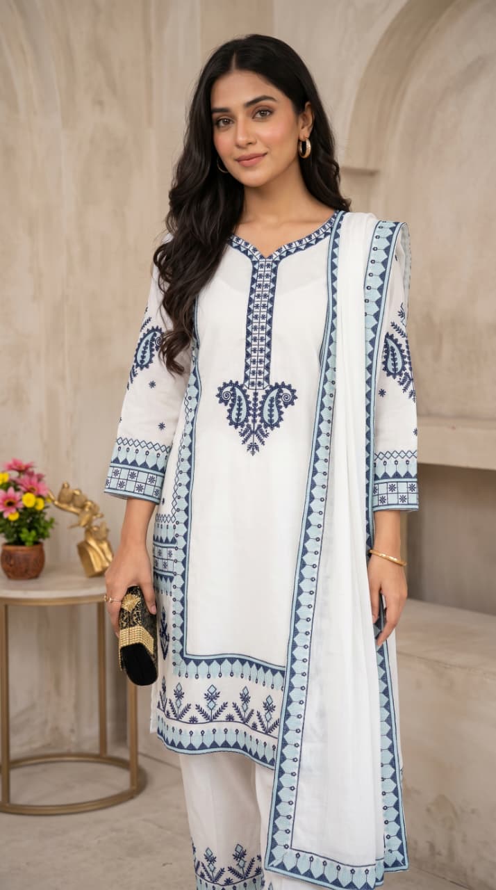 Ivory white embroidered rayon kurti set front model view