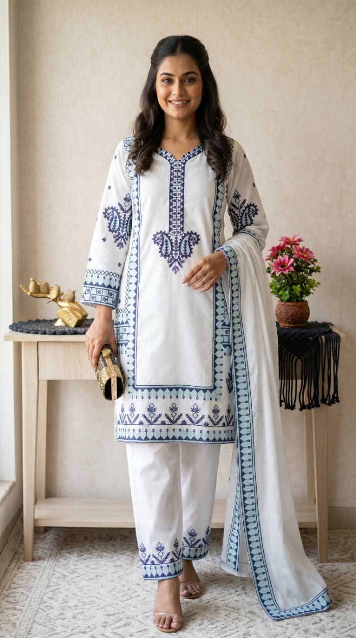 Complete embroidered rayon kurti pant dupatta set full length