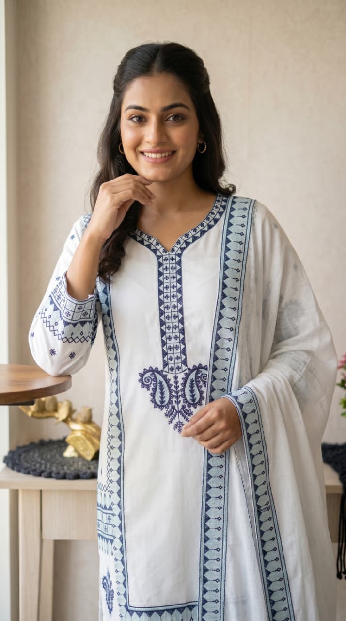 Pure rayon kurti set embroidery detail front pose view