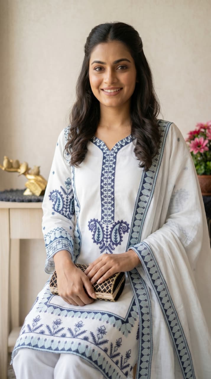 Ivory white embroidered kurti pant dupatta set front view