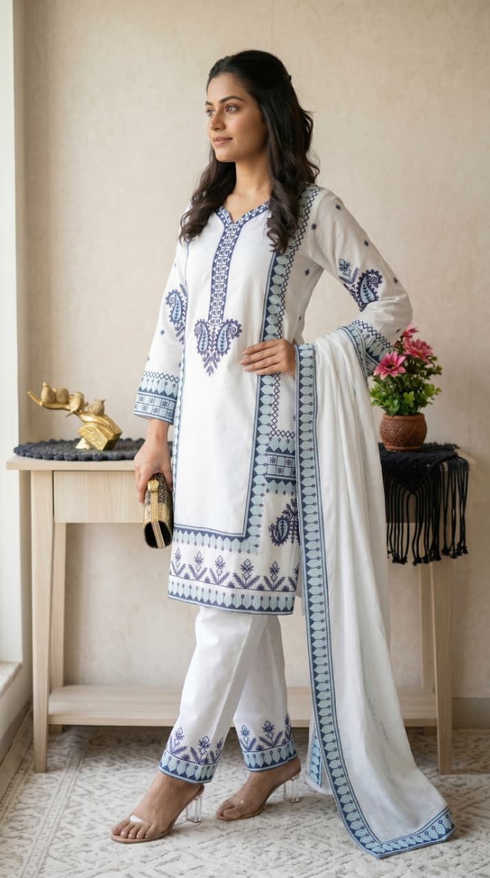 Side profile of embroidered rayon kurti pant dupatta set