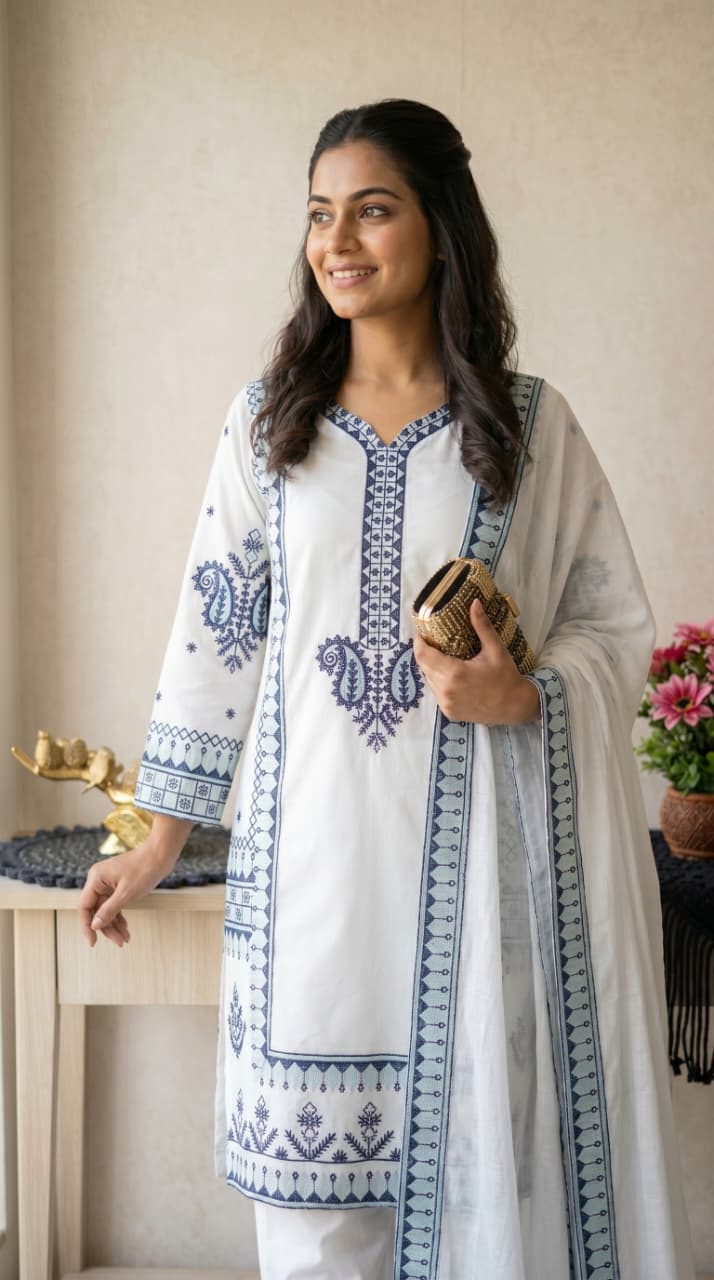 Ivory white embroidered kurti set angled front model pose