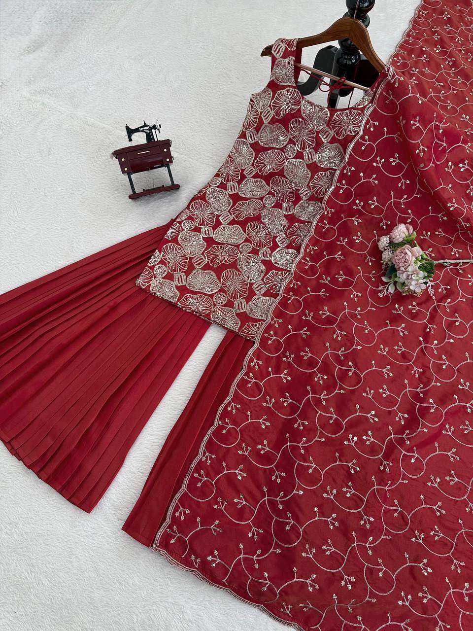 Red embroidered dupatta with thread and sequence work border