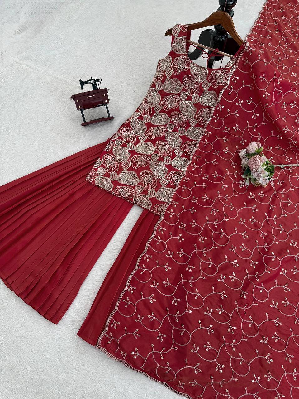 Red embroidered dupatta with thread and sequence work border
