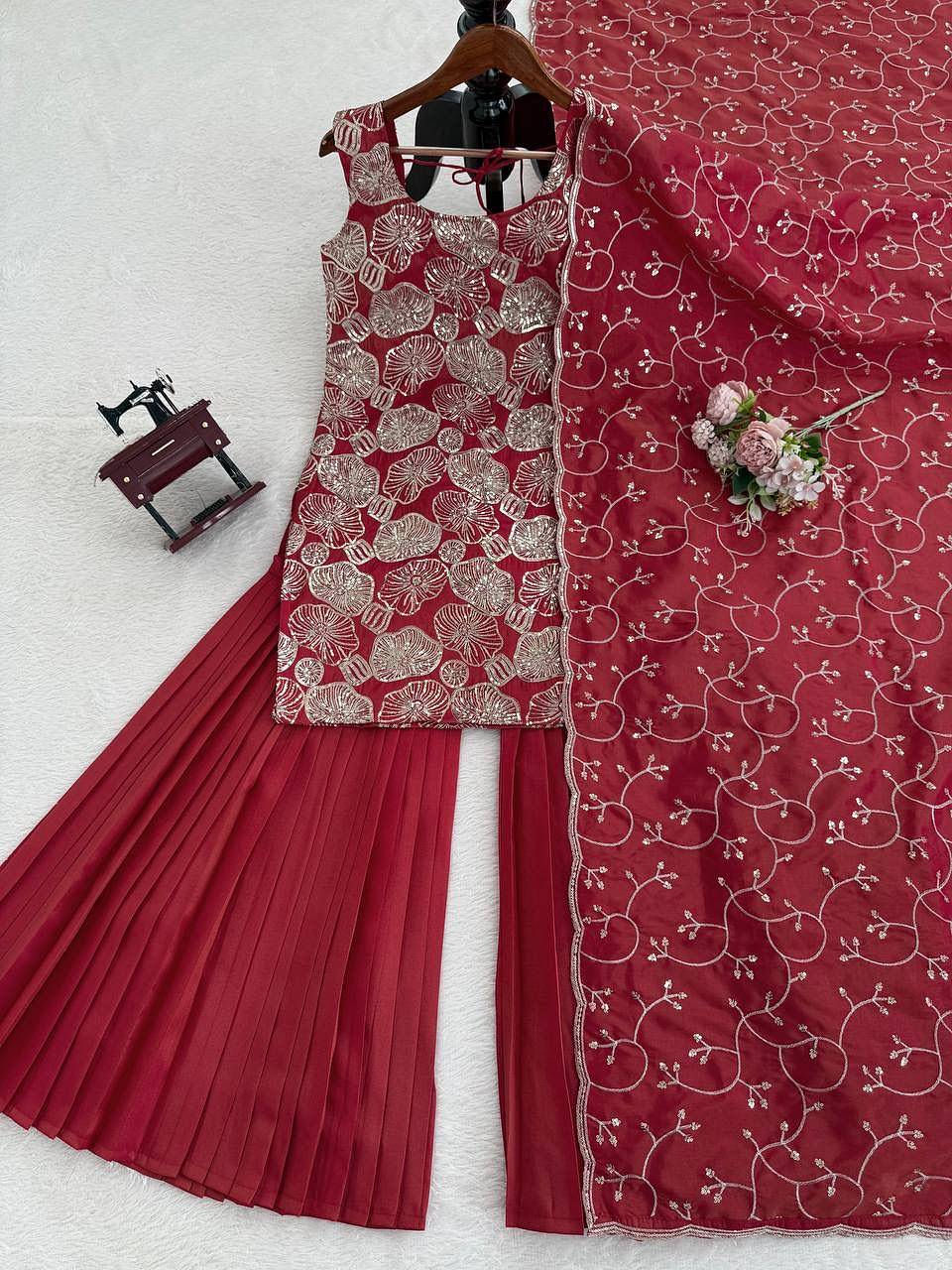 Complete red simmer silk sharara suit set with embroidered dupatta