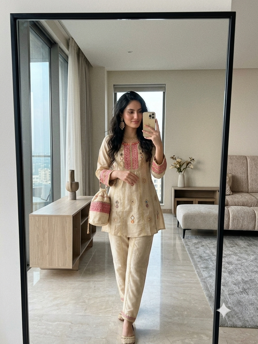 Designer Cream Cos Moss Mirror Embroidered Co-Ord Set with Palazzo