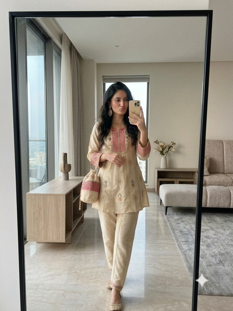 Designer Cream Cos Moss Mirror Embroidered Co-Ord Set with Palazzo