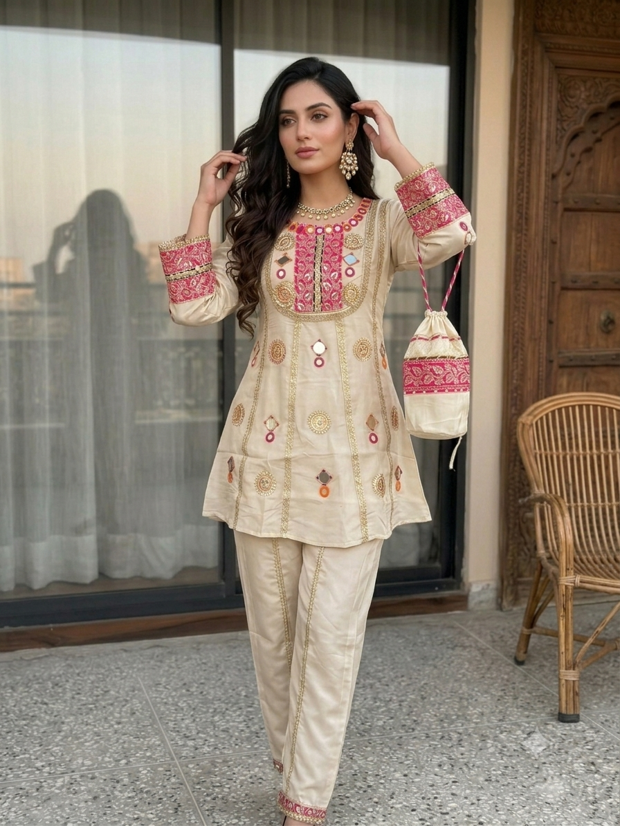 Designer Cream Cos Moss Mirror Embroidered Co-Ord Set with Palazzo