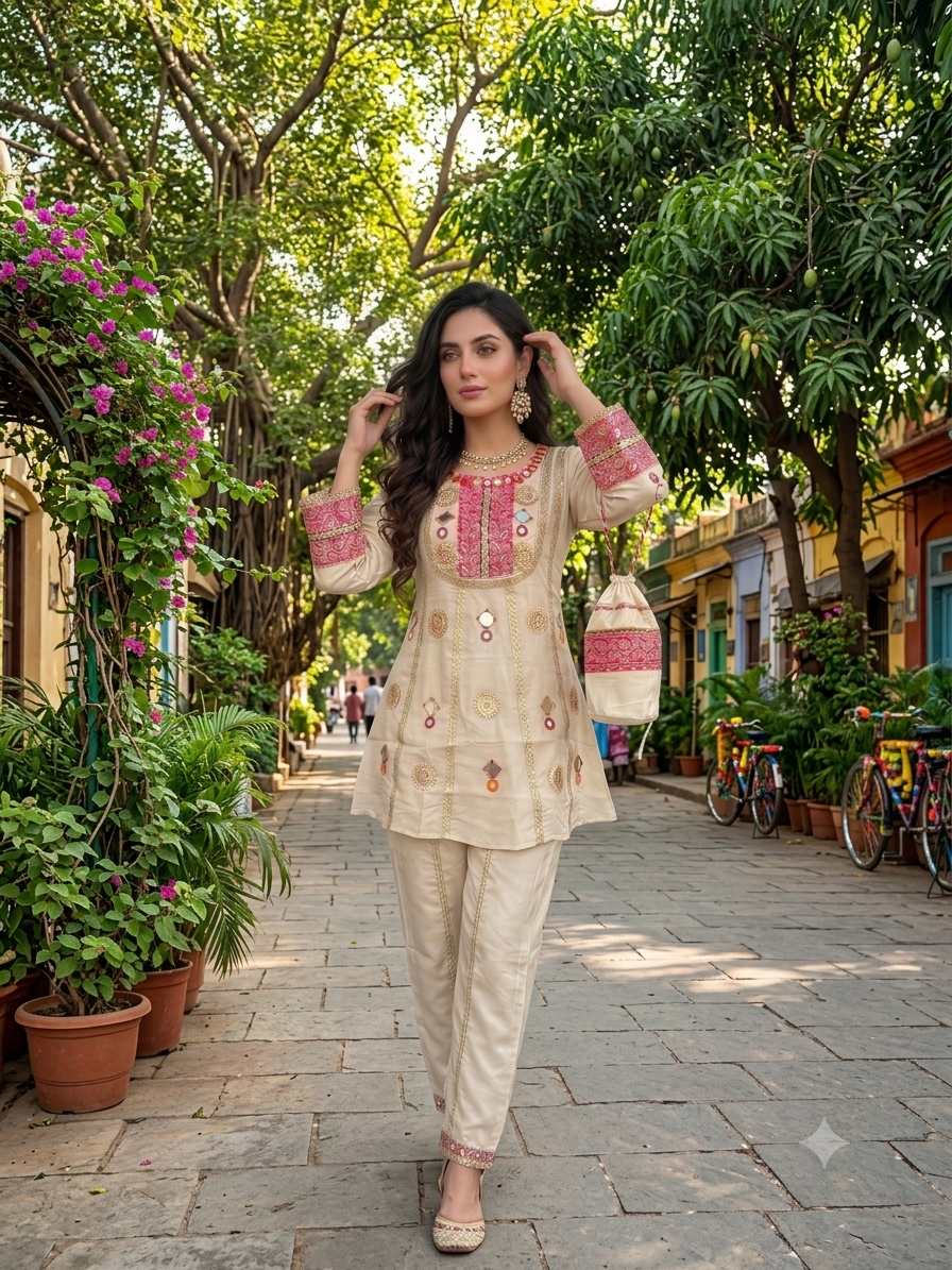 Designer Cream Cos Moss Mirror Embroidered Co-Ord Set with Palazzo