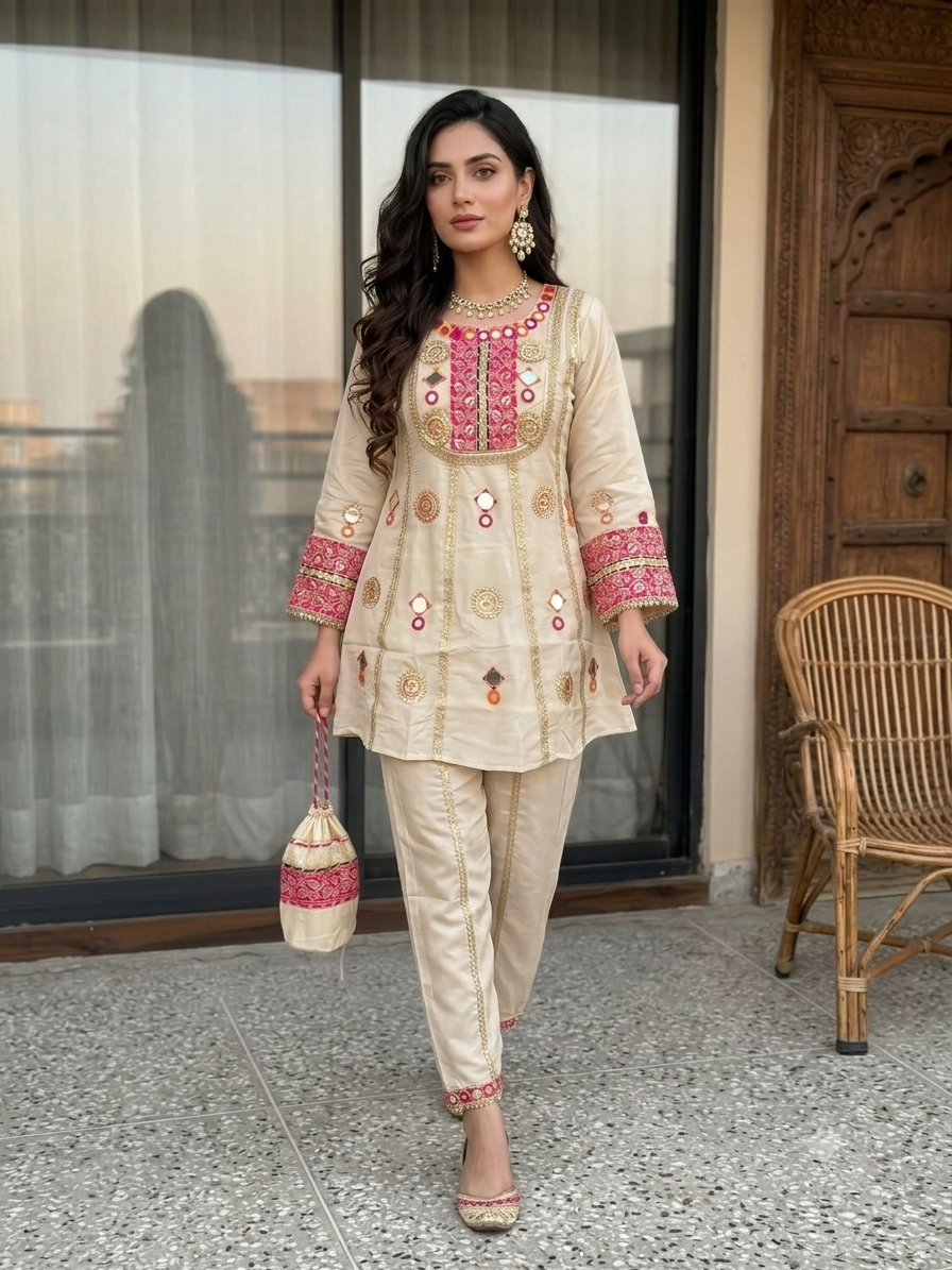 Designer Cream Cos Moss Mirror Embroidered Co-Ord Set with Palazzo