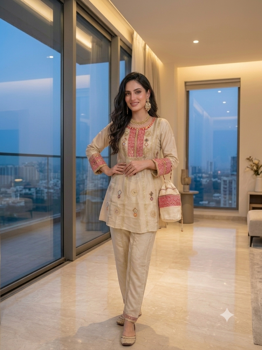 Designer Cream Cos Moss Mirror Embroidered Co-Ord Set with Palazzo