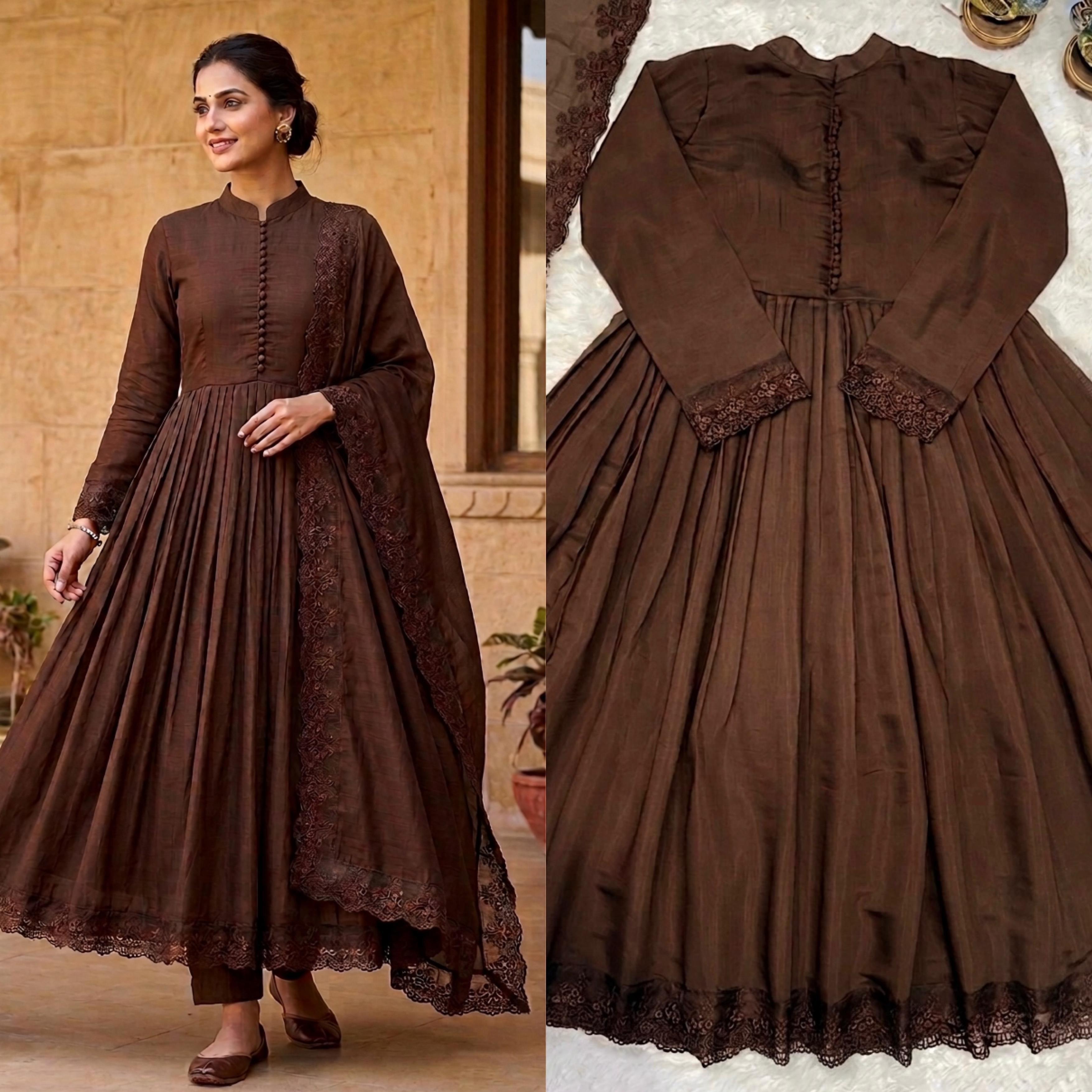 Coffee Brown Roman Silk Embroidered Gown Front Model View