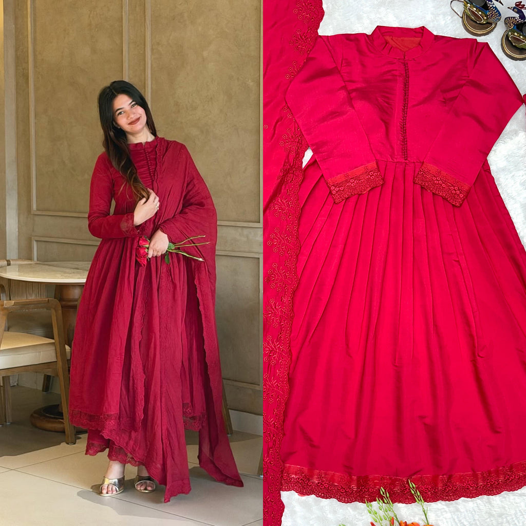 Wine Red Roman Silk Embroidered Gown Set with Dupatta Front Model View