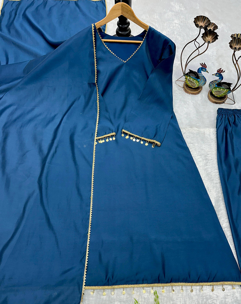 Navy Blue Roman Silk Kurti with Rajwadi lace accents