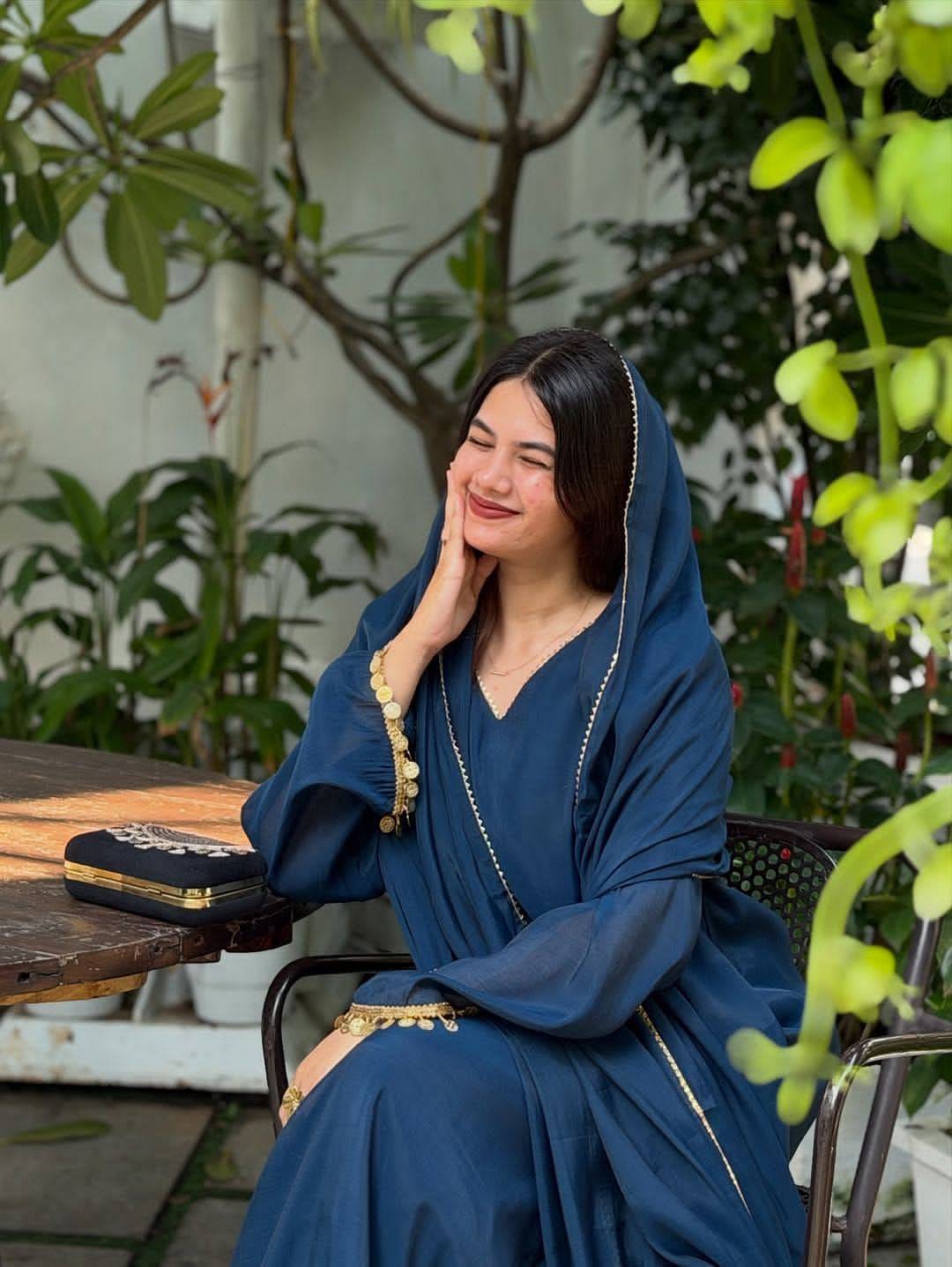 Model wearing Navy Blue Roman Silk Kurti Dupatta Set