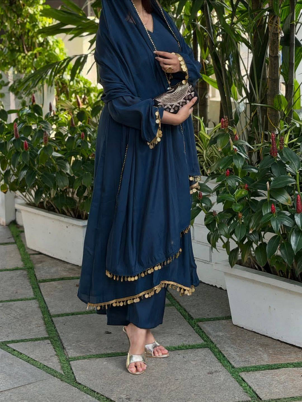 Full length Navy Blue Roman Silk Kurti Pant Dupatta Set