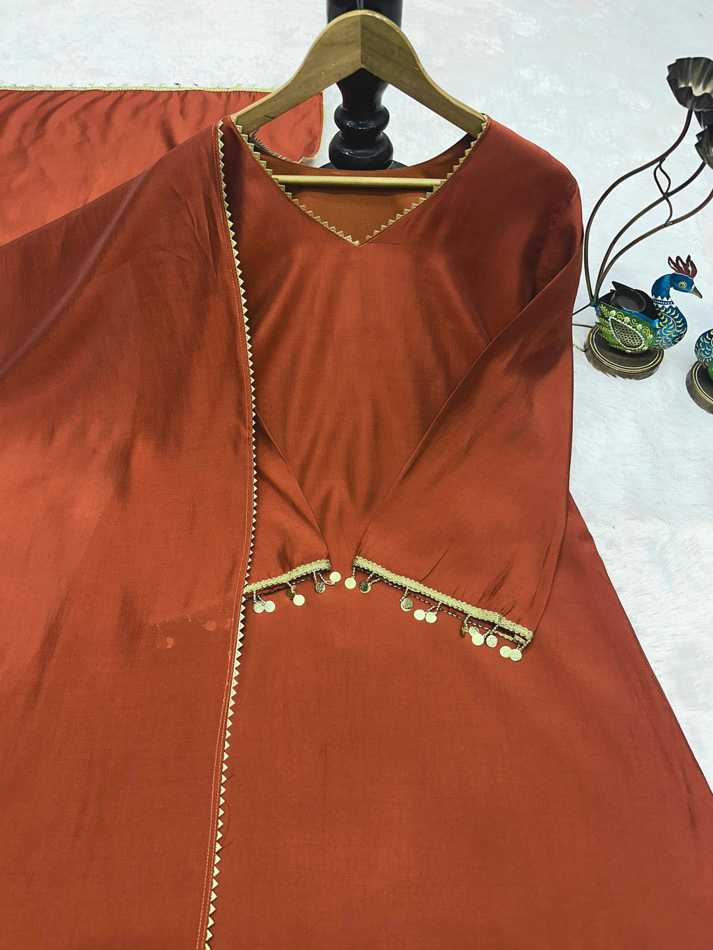 Rust Brown Roman Silk Kurti neckline and lace detailing
