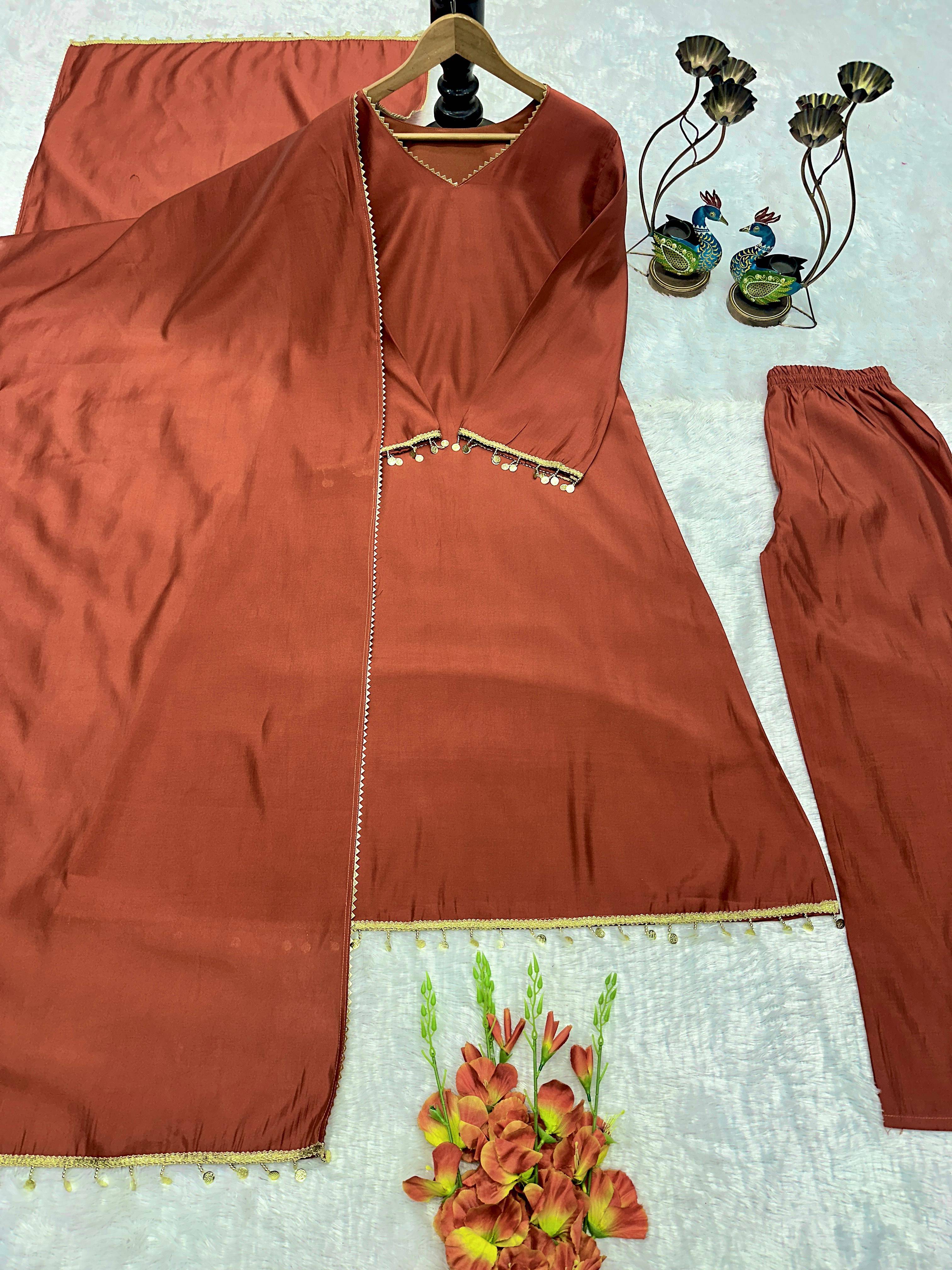 Rust Brown Roman Silk Kurti with Rajwadi lace detail