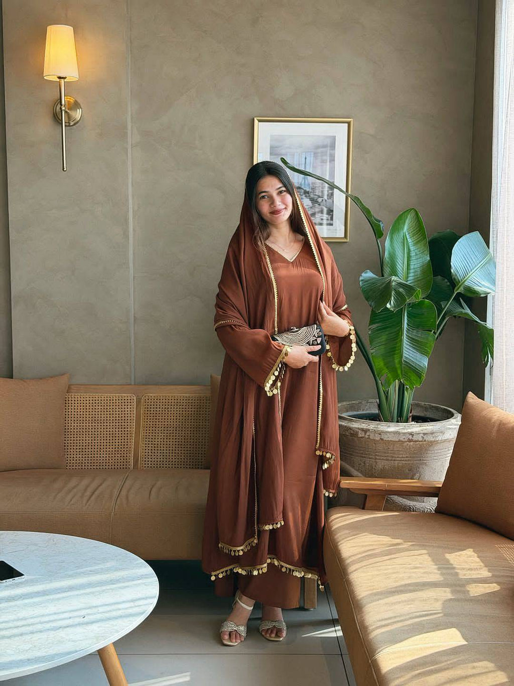 Full length Rust Brown Roman Silk Kurti Pant Dupatta Set