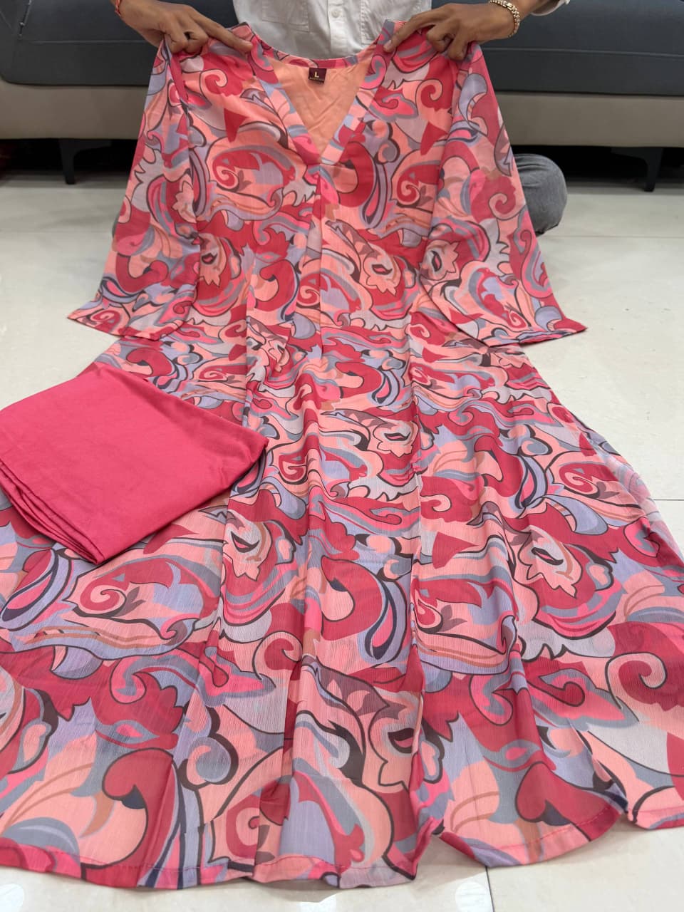 Rose Pink Softy Premium Chiffon Silk abstract print Anarkali gown with matching pant set flat lay