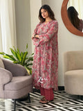 Woman wearing Rose Pink Softy Premium Chiffon Silk abstract print Anarkali gown with matching pant set