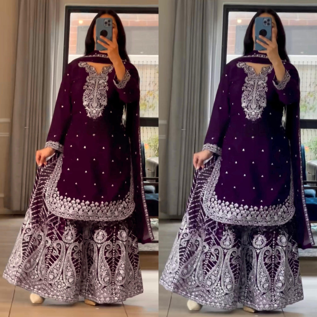 Women's Royal Plum and Imperial Purple embroidered Chinnon Silk sharara suit color comparison