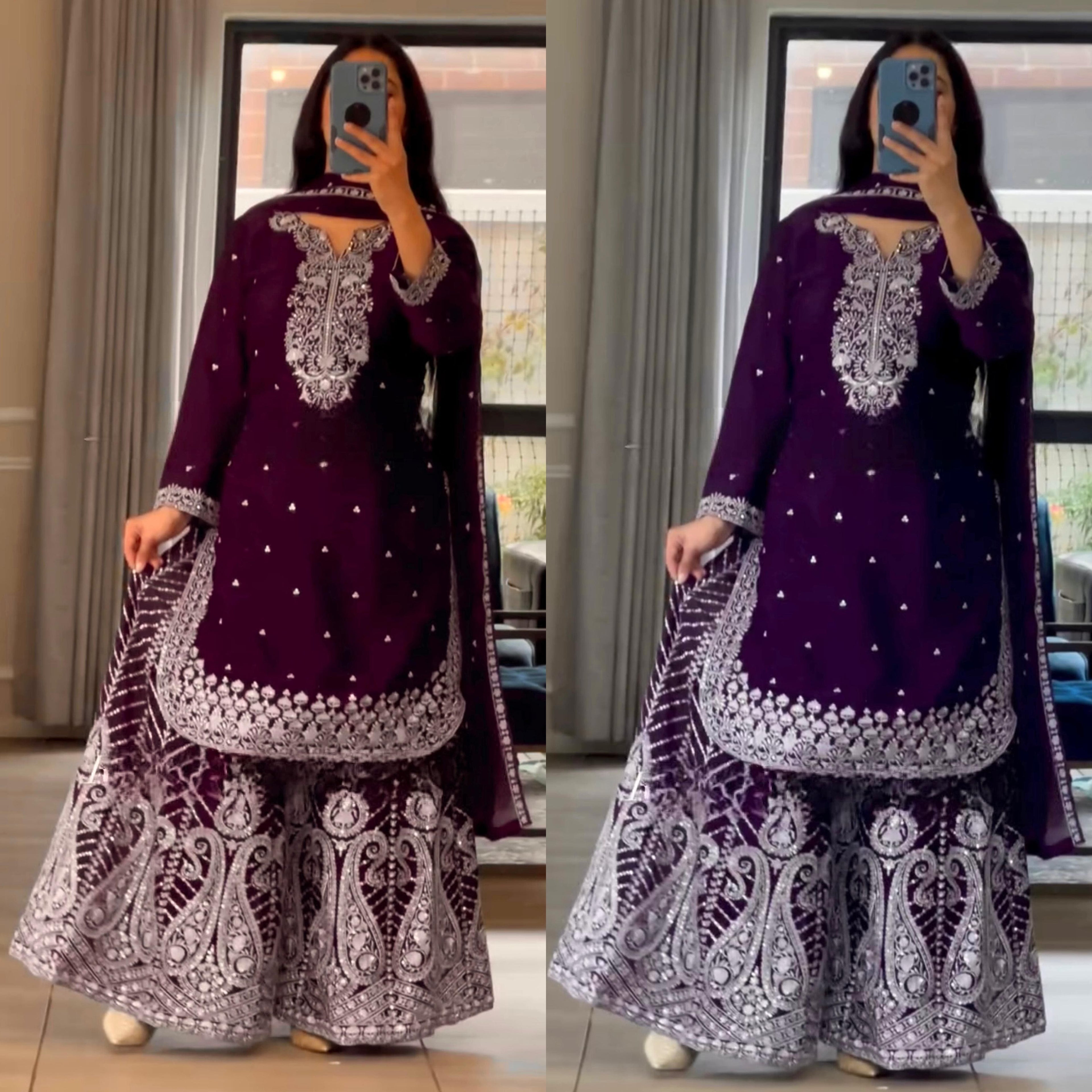 Women's Royal Plum and Imperial Purple embroidered Chinnon Silk sharara suit color comparison